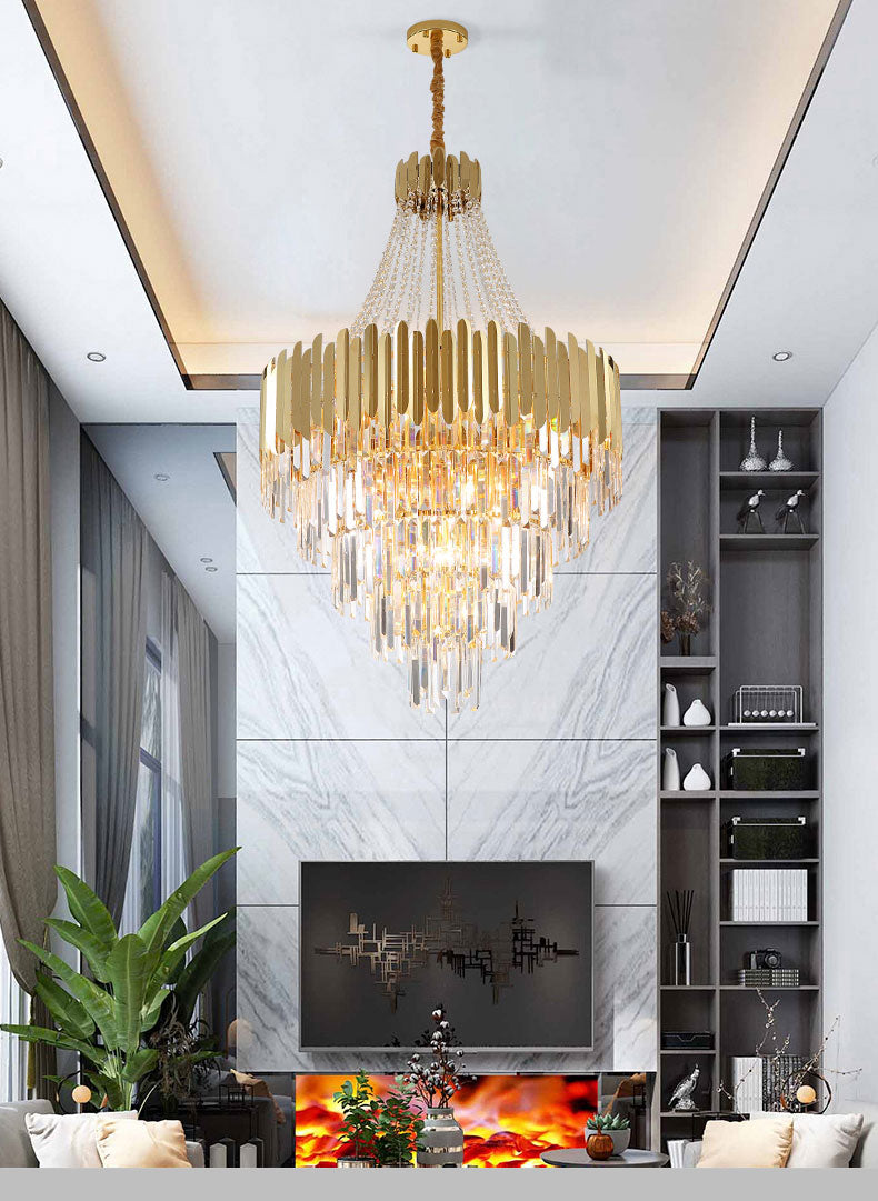 Crystal chandelier in the living room of duplex villa, spiral staircase chandelier, modern luxury living room chandelier