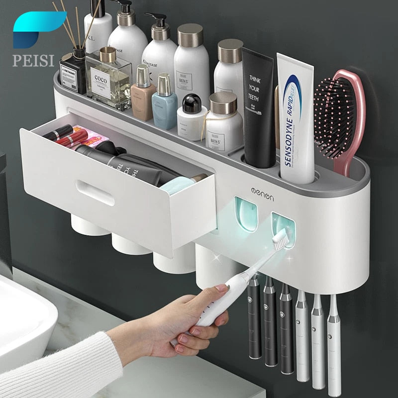 PEISI Multifunctional Toothbrush Holder Automatic Toothpaste Squeezer Dispenser Organizer Storage Rack Bathroom Accessories Set