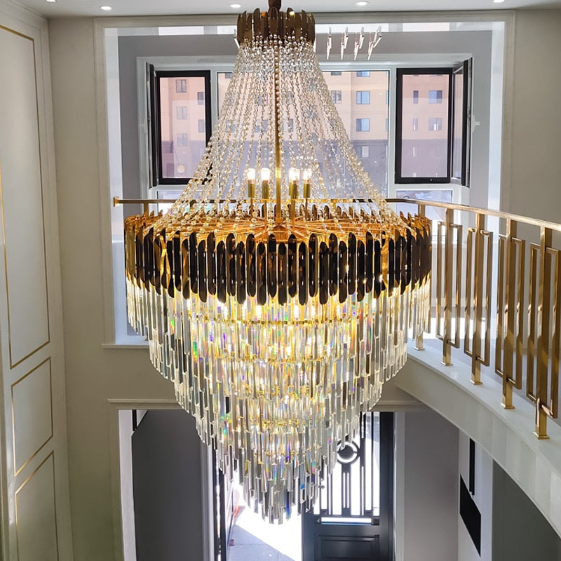 Crystal chandelier in the living room of duplex villa, spiral staircase chandelier, modern luxury living room chandelier