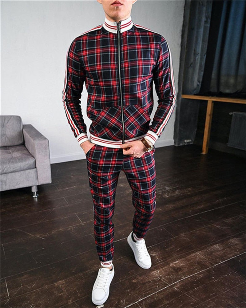 2022 New gyms Men's Sets 2 Pieces Sets Tracksuit Men's Jackets+Pants suit Sportwear Gentlemen Plaid Mens Sports Suit men Clothes