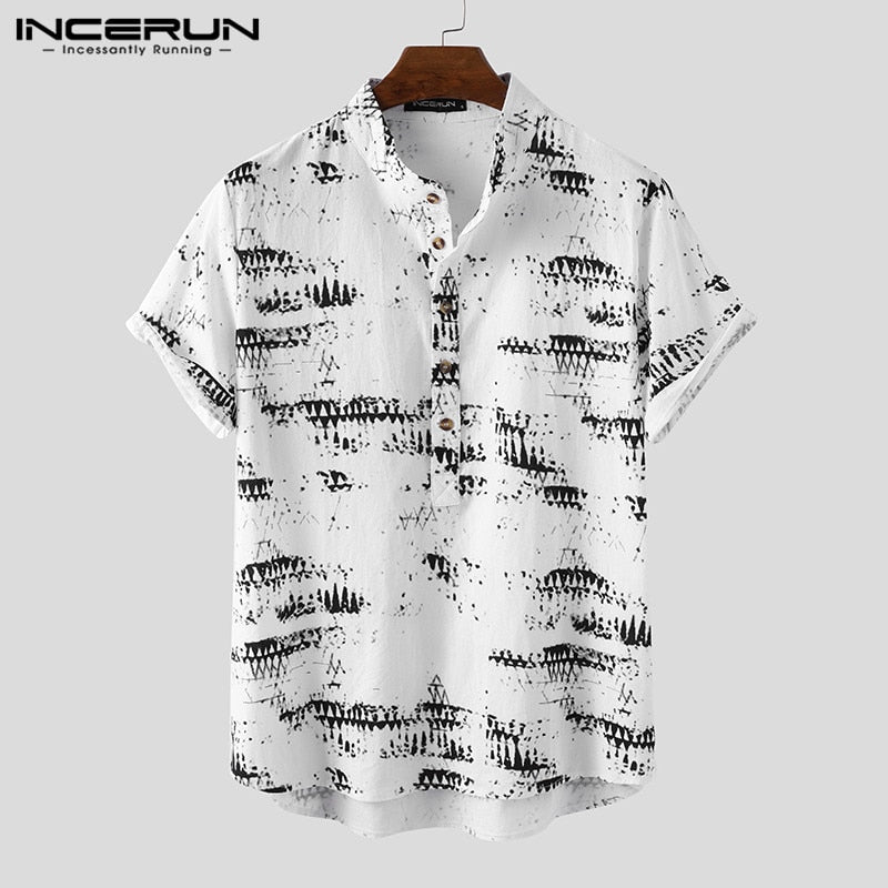 INCERUN Men Vintage Printed Shirts Short Sleeve Stand Collar Shirt Man Casual Buttons Loose Blouse Fashion Cotton Floral Camisa