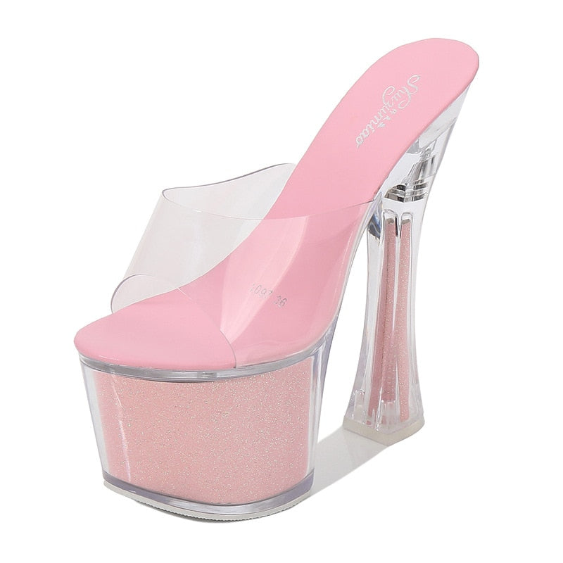 Shuzumiao Woman Transparent Shoes Stripper Heels Sexy Slippers Women Sandals Summer High Heels17cm Platform highing Shoes Square