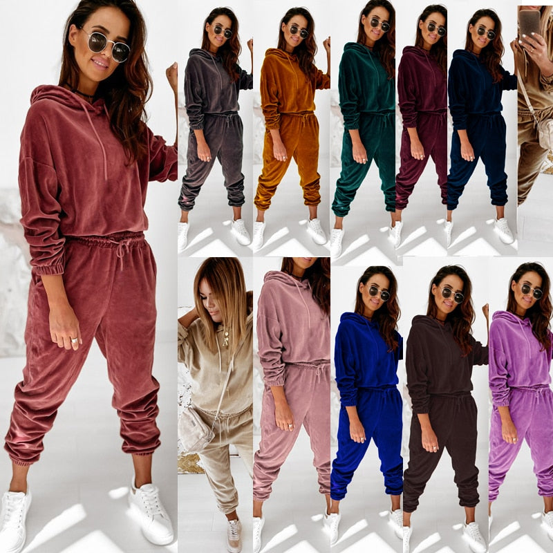 Velour Two Piece Sets Women Tracksuit Velvet Pant Sets Woman  Solid Top and Pants Suit Fashion Streewear Conjuntos De Mujer 2021