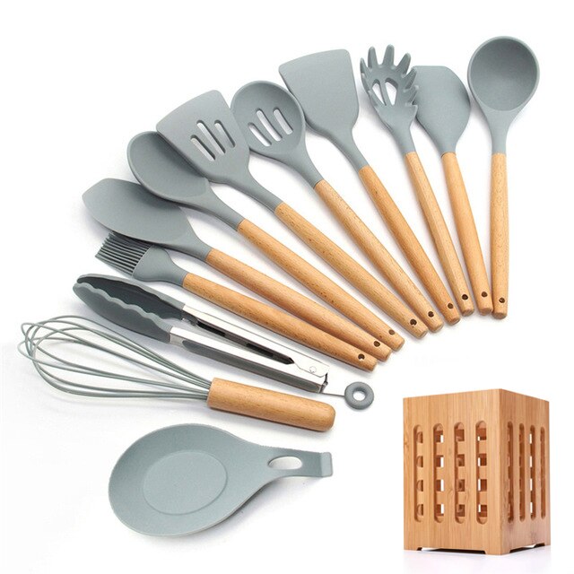 Silicone Cooking Utensils 11/12/13Pcs Kitchen Utensil Set Non-stick Spatula Wooden Handle with Storage Box Kitchen Appliances