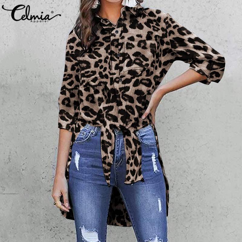 Celmia Women Vintage Long Shirts 2021 Fashion Leopard Print Long Sleeve Blouse Elegant Office Tops Tunic Casual Loose Blusas 5XL