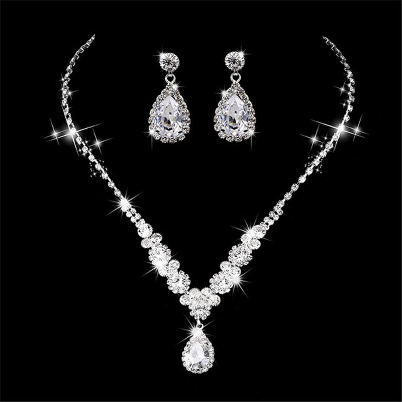 Water Drop Rhinestone Long Pendant Full Crystal Silver Plated Necklace & Earrings Elegant Bridal Wedding Jewelry Set