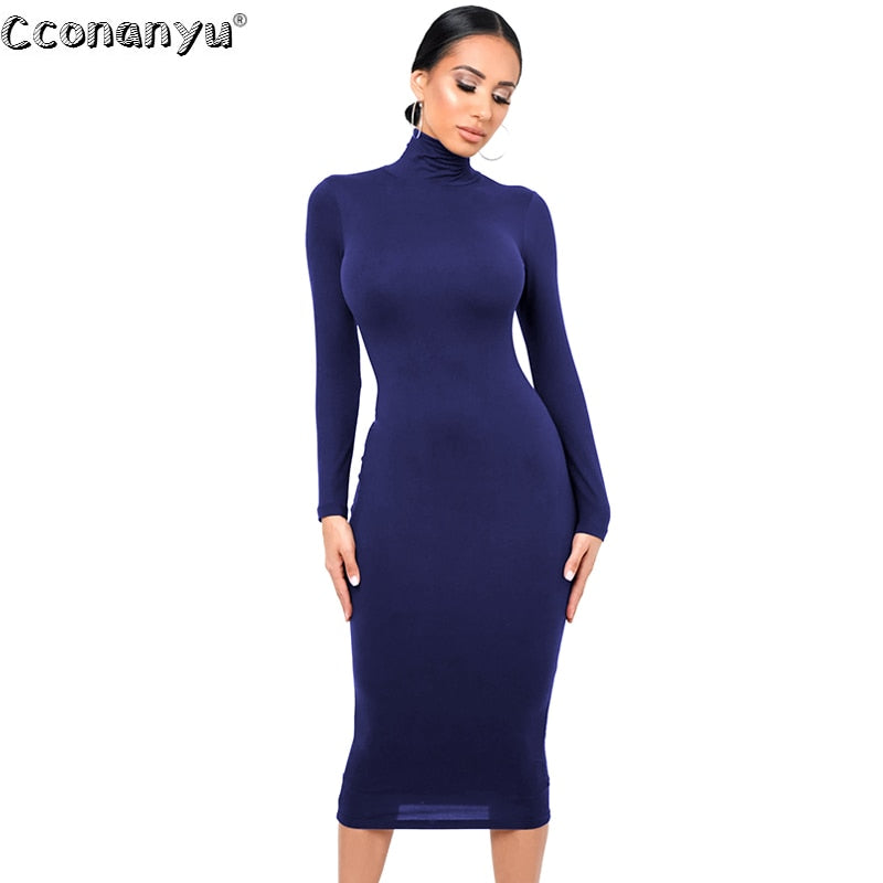 Winter Black Turtleneck Sexy Women Dress Autumn Long Sleeve Skinny Midi Boydcon Casual Blue Plush Knee-Length Party Club