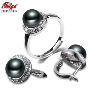 Trendy Black Freshwater Cultured Pearl Hoop Earrings and Ring Jewelry Set for Women Party Gift Fashion Jewelry Wholesale FEIGE