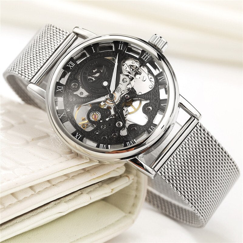 SEWOR Watch Men Skeleton Watches Stainless Steel Mesh Strap Mechanical Hand Wind Wristwatches Luxury Business Gold Watches Men