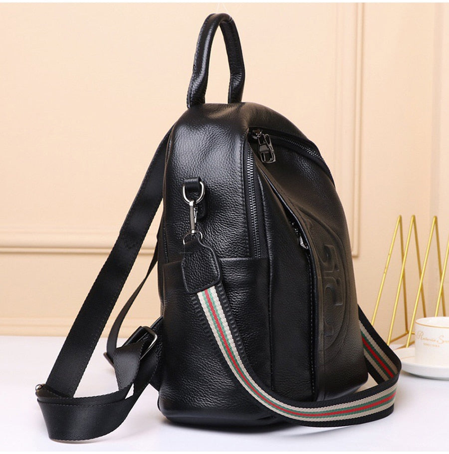 Ladies Travel Leather Backpack Real Cowhide Backpack Women's Bag Solid Color High Quality Black Leather Bag Student Schoolbag