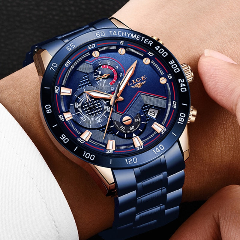 2022 New LIGE Fashion Mens Watches Stainless Steel Top Brand Luxury Sport Chronograph Quartz WithWatch For Men Relogio Masculino