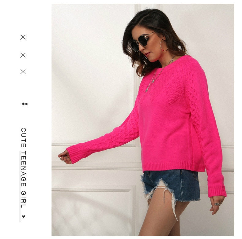 Women's Neon Sweaters Fluorescence Fuchsia Turtleneck Long Sleeve Pullovers Casual Loose O Neck Knitted Shirts Female Jumper