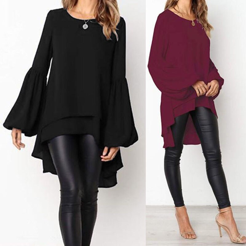 Women Blouse ZANZEA Autumn Crew Neck Lantern SleeveShirt Casual Solid Blusas Femininas Long Tops Tunic Asymmetrical Hem Blouses