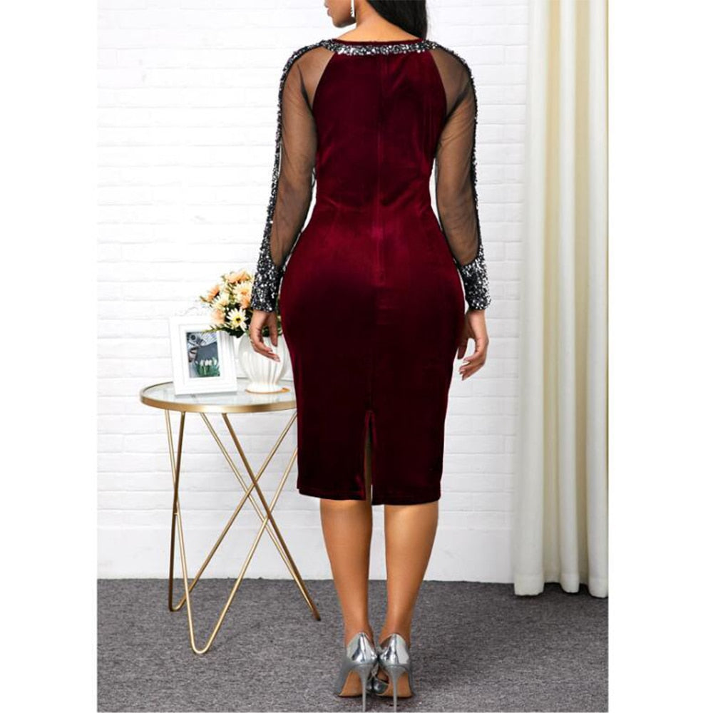 Velvet Dress for Women 2022 Elegant Bright Silk Evening Patchwork Party Dresses Wine Red Mesh Long Sleeve Slim Bodycon Dress