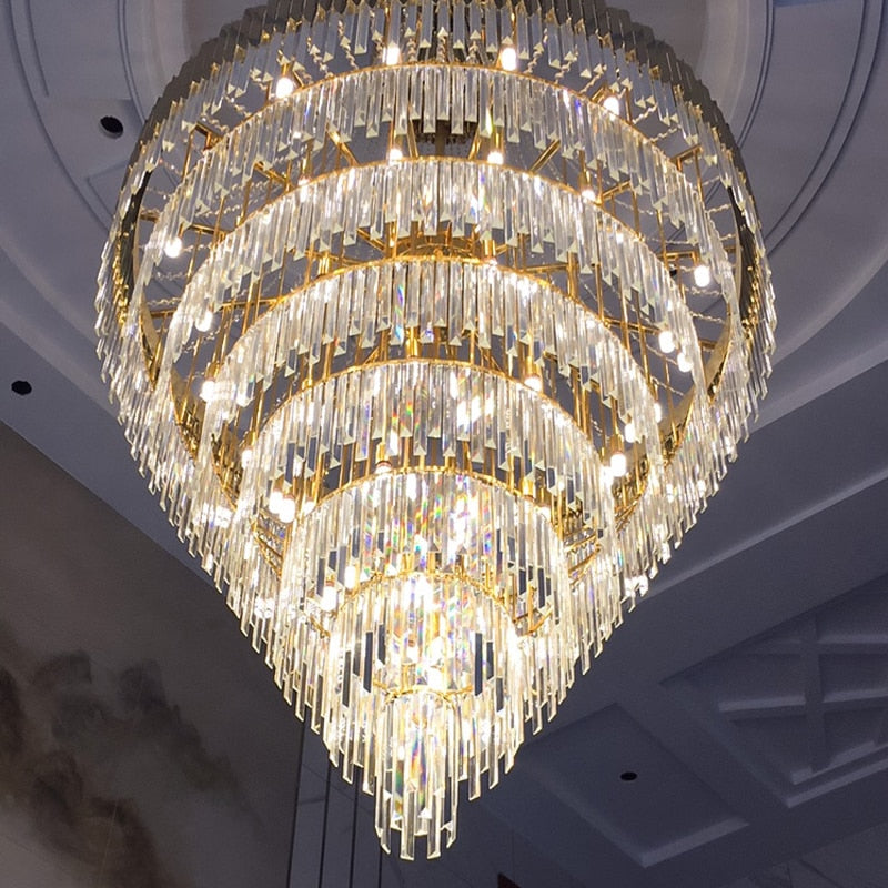 Crystal chandelier in the living room of duplex villa, spiral staircase chandelier, modern luxury living room chandelier