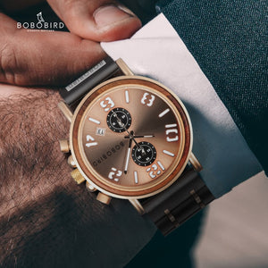 BOBO BIRD Mens Watch Wood Stainless Steel Luxury Brand Quartz Wrist Watches Waterproof Clock in Wooden Gift Box reloj hombre