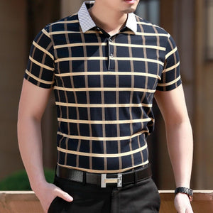 2021 new summer polo homme men Fashion short sleeve shirts men's business casual polo Lapel cotton breathable plaid masculino