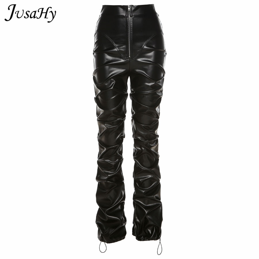 JusaHy Faux PU Leather Pleated High Waist Black Stacked Pant Women Slim Hipster Street Style Long Trousers Hot Sale Trend Female