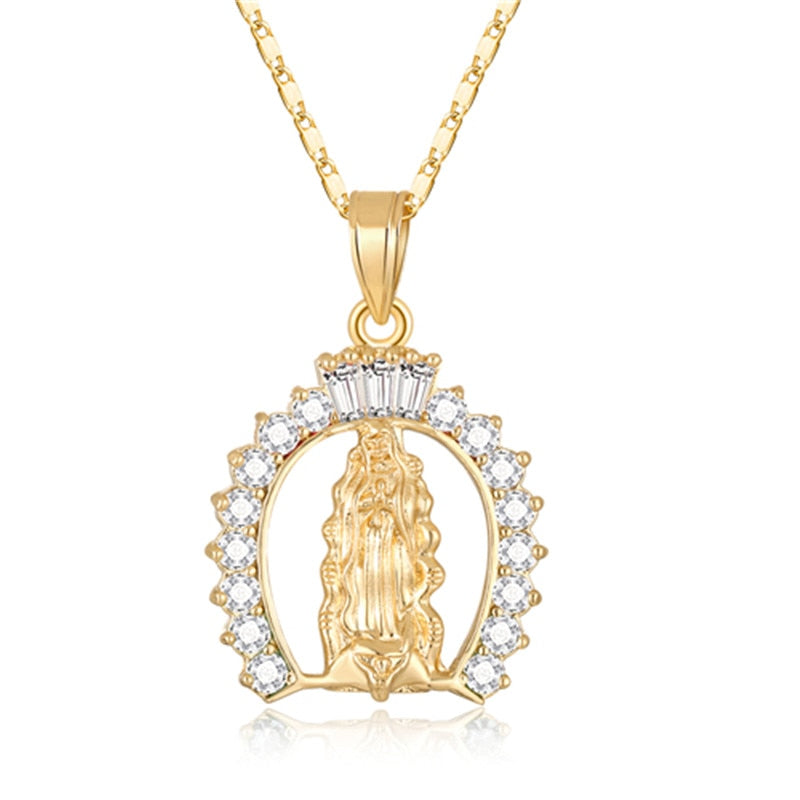 CWEEL Virgin Mary Necklace Gold Color Bijoux Imitation Crystal Statement Necklace Women Fashion Pendant Catholic Jewelry