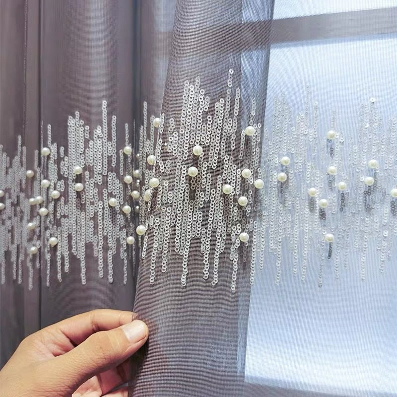 French Luxury Embroidery Sequins Tulle Curtains for Living Room Pearls sequins Curtains Yarn for Bedroom Customized X-M232#CR