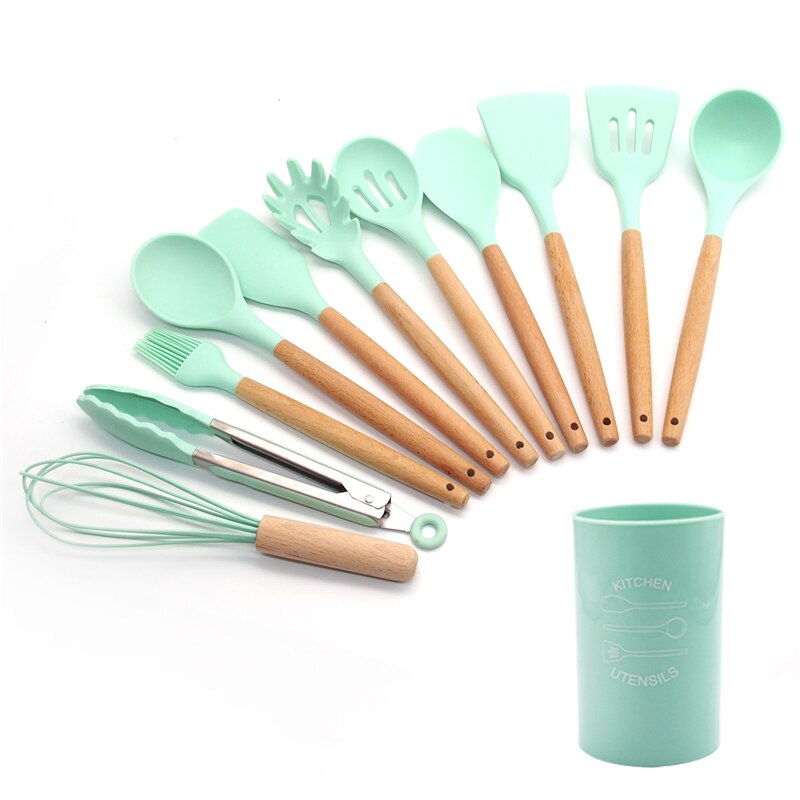 Silicone Cooking Utensils 11/12/13Pcs Kitchen Utensil Set Non-stick Spatula Wooden Handle with Storage Box Kitchen Appliances