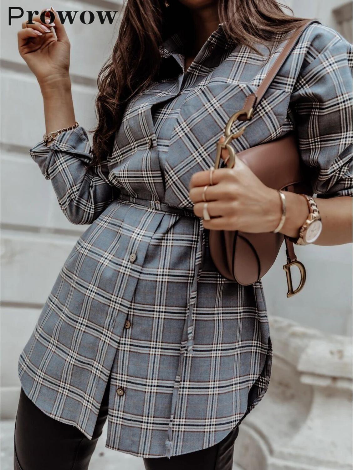 Prowow Women Long Plaid Blouse Spring Autumn Casual Long Sleeve Female Shirts Single Breasted Turndown Collar Plus Size Tops