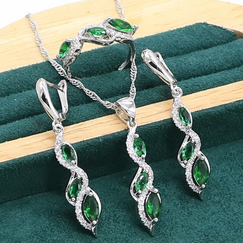 Marquise Green Emerald 925 Sterling Silver Jewelry set for Women Bracelet Earrings Necklace pendant Ring