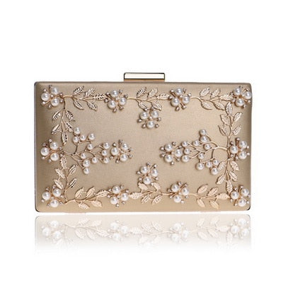 Fashion New Women Evening Clutch Bags PU Chain Shoulder Handbags Leaf Metal Beaded Evening Purse Messenger Bags