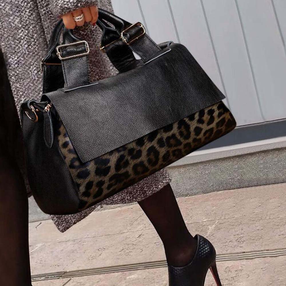 Fashion Genuine Leather Big Tote Handbags Leopard Pattern Soft Cowhide Travel Tote Ladies Long Strap Shoulder Weekend Bags