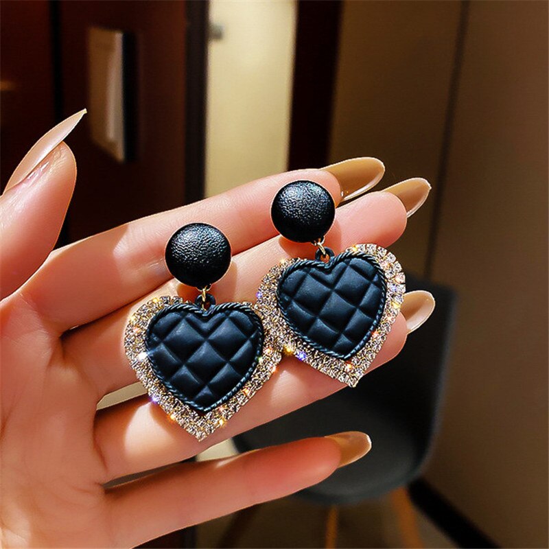 FYUAN Korean Style Black Acrylic Heart Dangle Earrings for Women Rhinestone Earrings Weddings Party Jewelry Accessories