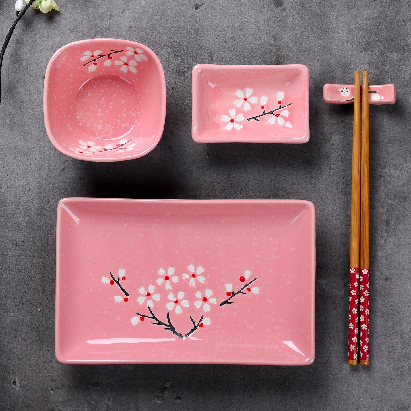 Panbado Japanese Style Pink Porcelain Sushi Set with 2*Sushi Plate,Bowl,Dip Dishes,Bamboo Chopstick,Sticks Stand Set Gift Box