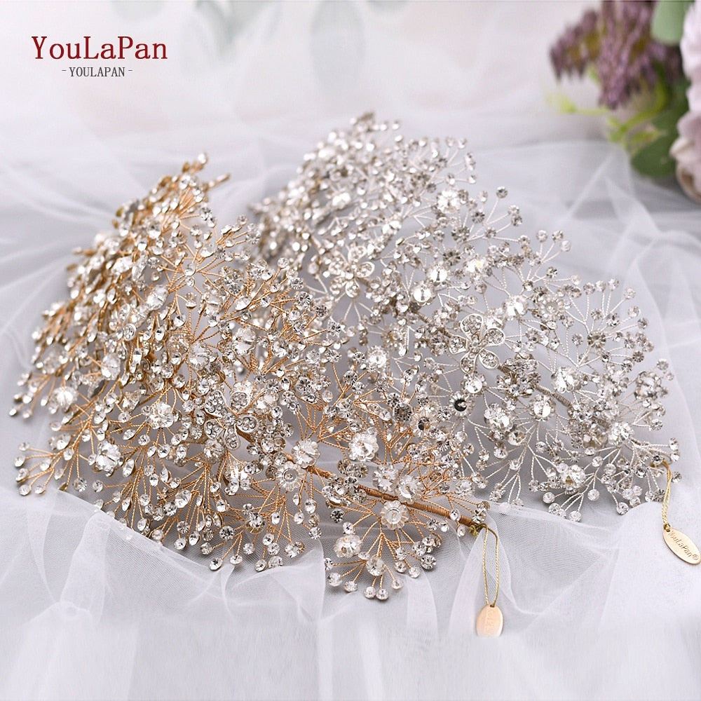 TOPQUEEN HP240 Golden Wedding Hair Jewelry Luxury Crystal Hair Ornaments Rhinestone Wedding Crown Woman Tiara Pageant Crown