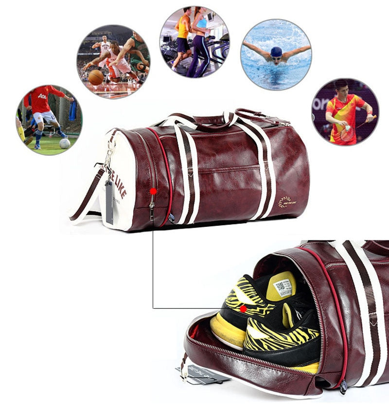 PU Leather Sports Gym Bag Multifunction Training Fitness Shoulder Bags Traveling Handbag Striped Sac De Sport Women Men XA719WD