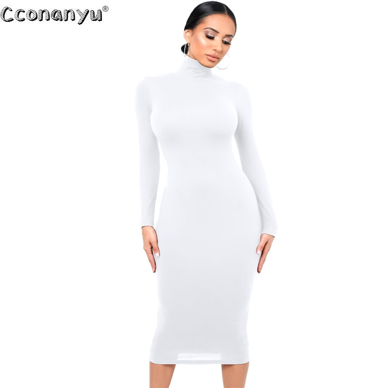 Winter Black Turtleneck Sexy Women Dress Autumn Long Sleeve Skinny Midi Boydcon Casual Blue Plush Knee-Length Party Club