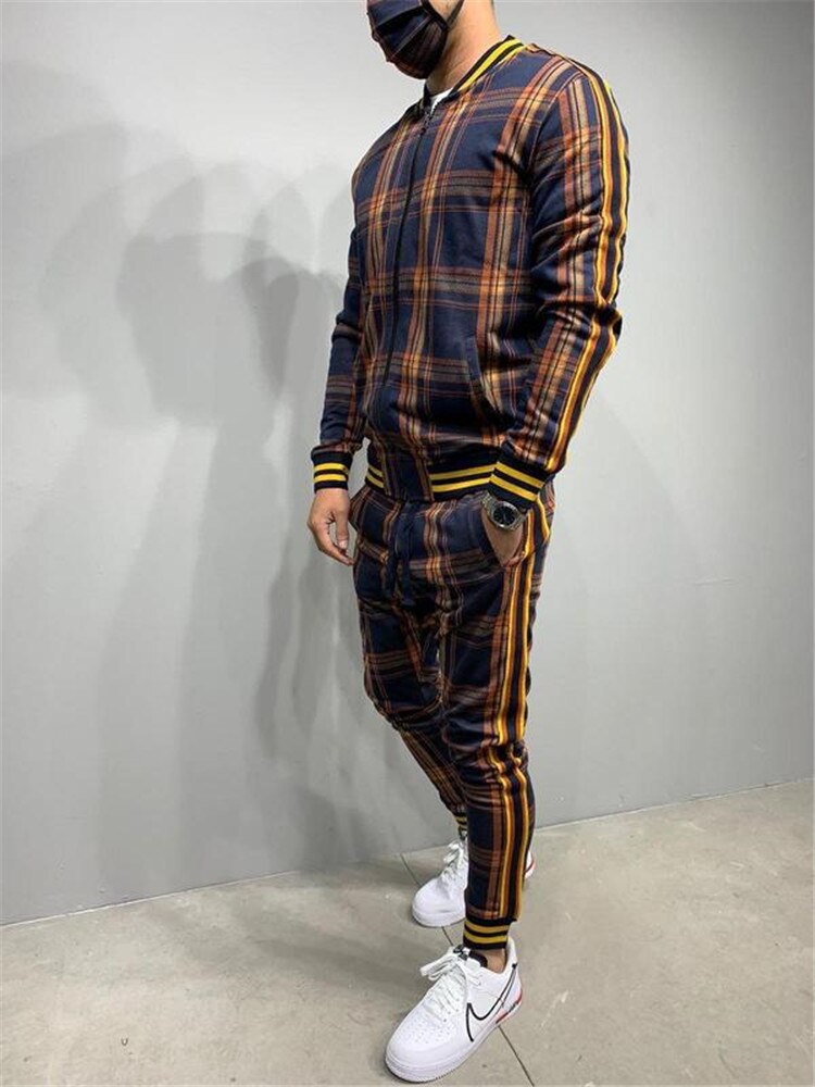 2021 New gyms Men's Sets 2 Pieces Sets Tracksuit Men's Jackets+Pants suit Sportwear Gentlemen Plaid Mens Sports Suit men Clothes