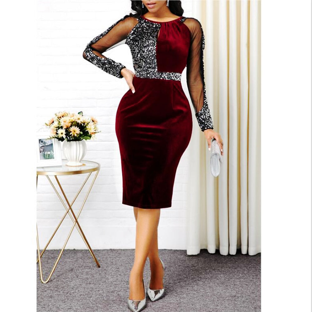 Velvet Dress for Women 2022 Elegant Bright Silk Evening Patchwork Party Dresses Wine Red Mesh Long Sleeve Slim Bodycon Dress