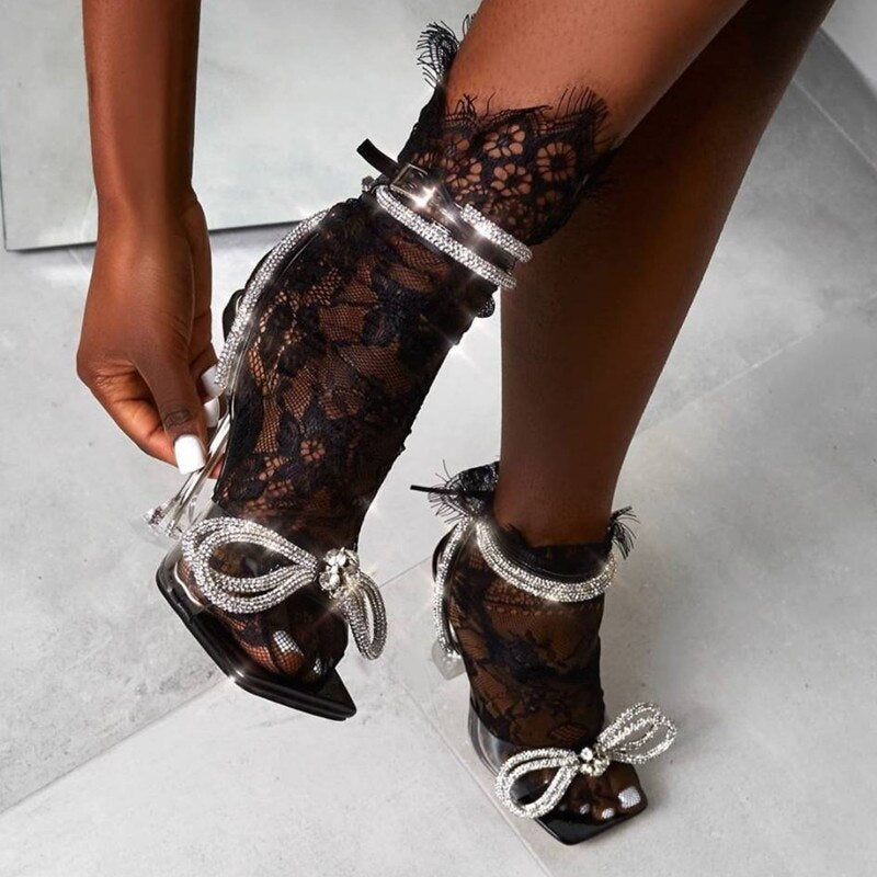 Runway style Women Sandals Luxury Rhinestones Bowknot Ankle strap High heels Summer Party Wedding Shoes Female Gladiator Sandals