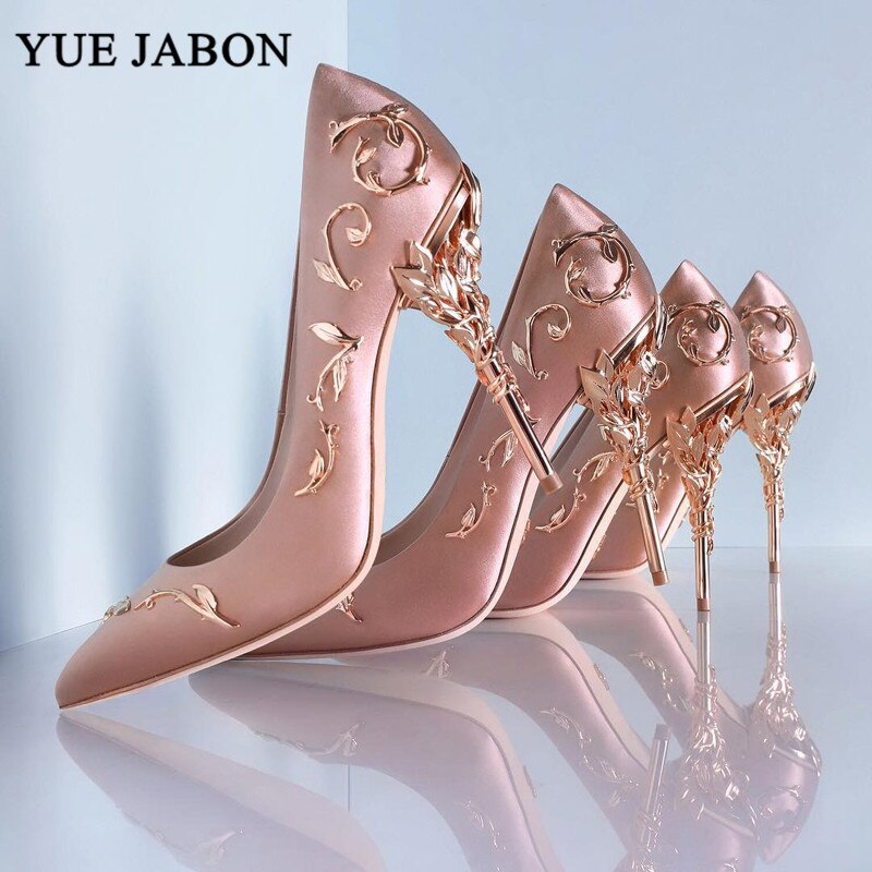 Elegant Silk Women Pumps Leaves Heel High Heels Rhinestone Flower Wedding Shoes Brand Design Pointed Toe shoes woman high heel