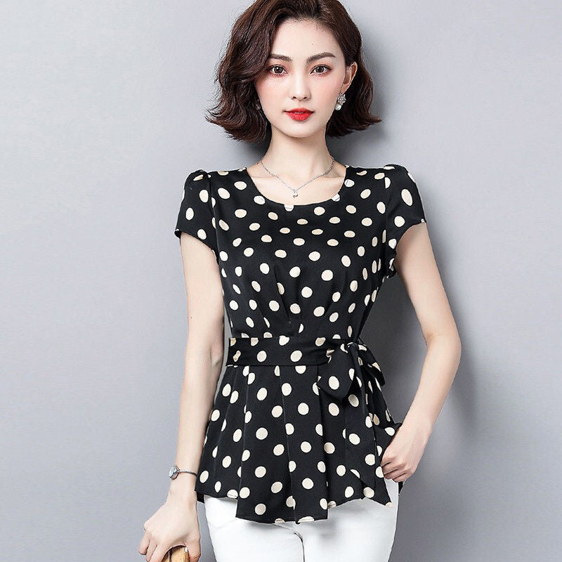 Women Casual Summer Style Chiffon Blouses Shirts Lady Short Sleeve O-Neck Polka Dot Printed Blusas Tops DF2824