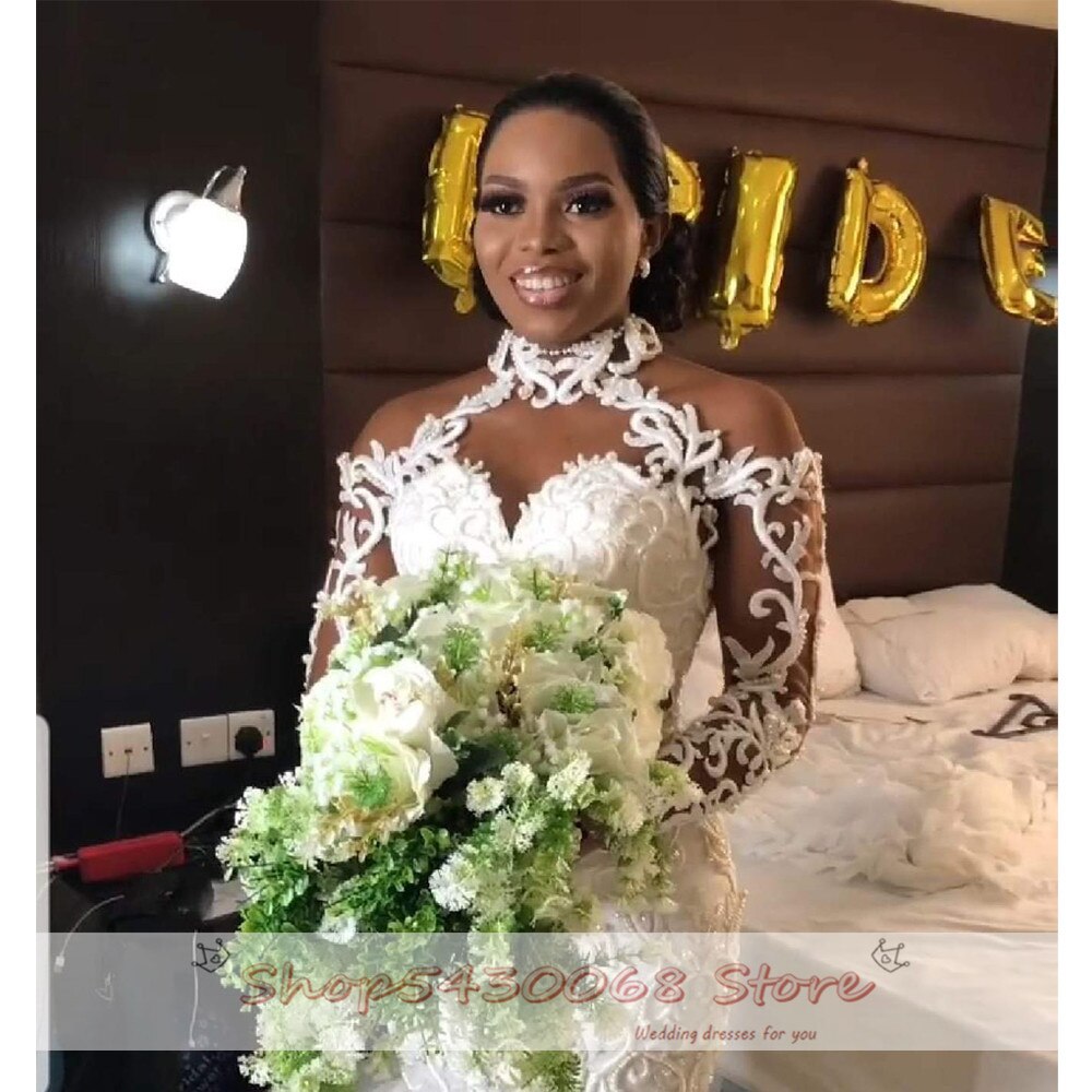 2021 Latest African Mermaid Wedding Dresses Elegant Halter Long Sleeves Lace Appliques Beads Bridal Gowns vestido de noiva