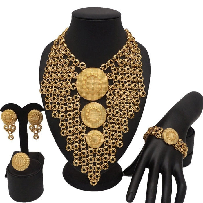 Fashion Gold Color Jewelry Sets African Bridal Big Jewelry sets Women Necklace Bracelet Earings Ring Wedding Gifts