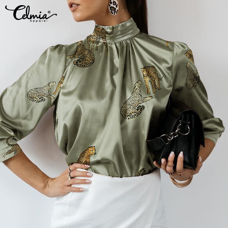 Stylish Satin Blouses Womens Long Sleeve Shirts Celmia 2021 Autumn Stand Collar Casual Loose Tiger Printed Elegant Blusas 5XL