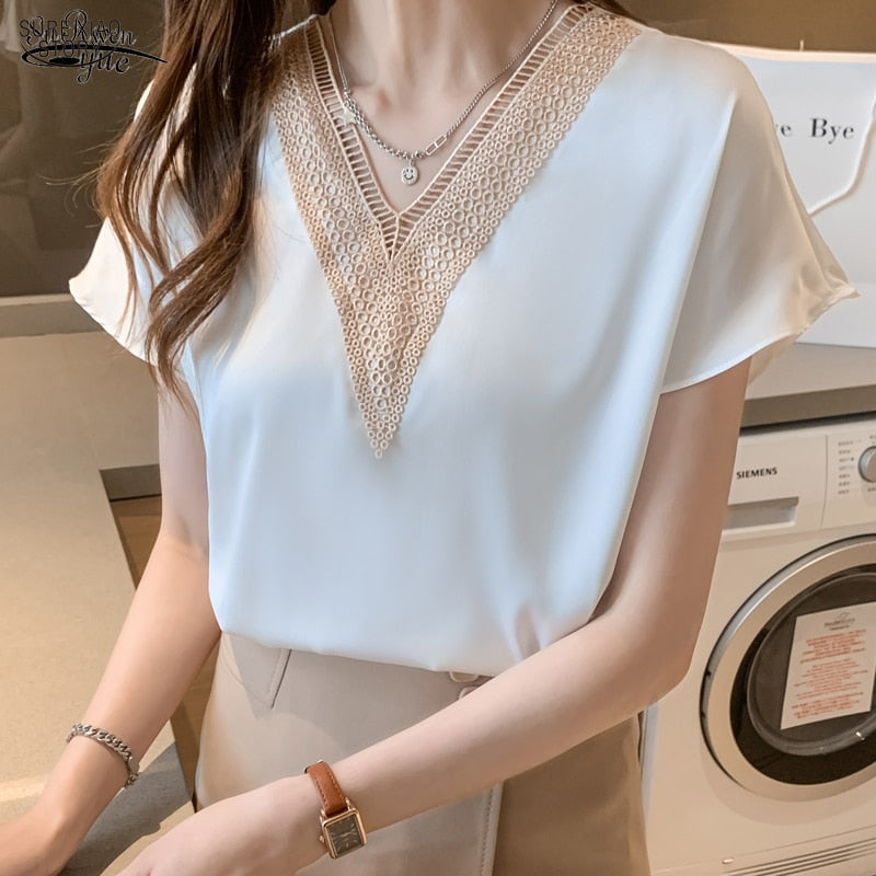 2021 Casual Chiffon Blouse White Summer Women Shirts Office V Neck Solid Color Fashion Women's Clothing Blusas Mujer 15200