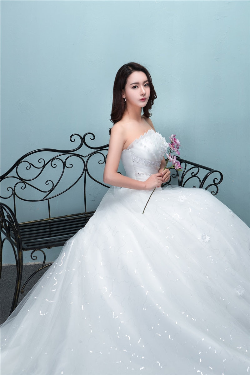 New Luxury Beading Brush Train Lace Up Wedding Dress Sexy Strapless Applique Customized Plus Size Bridal Gown Vestido De Noiva