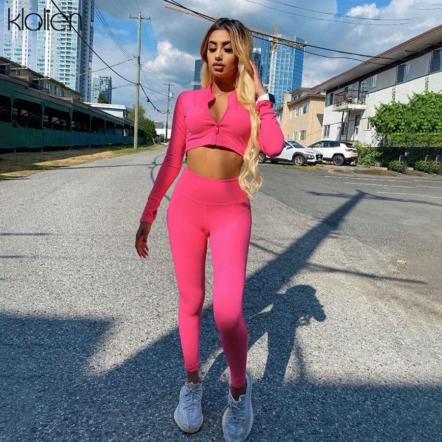 KLALIEN Fashion Casual Simple Solid Sports Two Piece Set Autumn Long Sleeve Zipper Top and Pant Female Tracksuit 2020 Streetwear