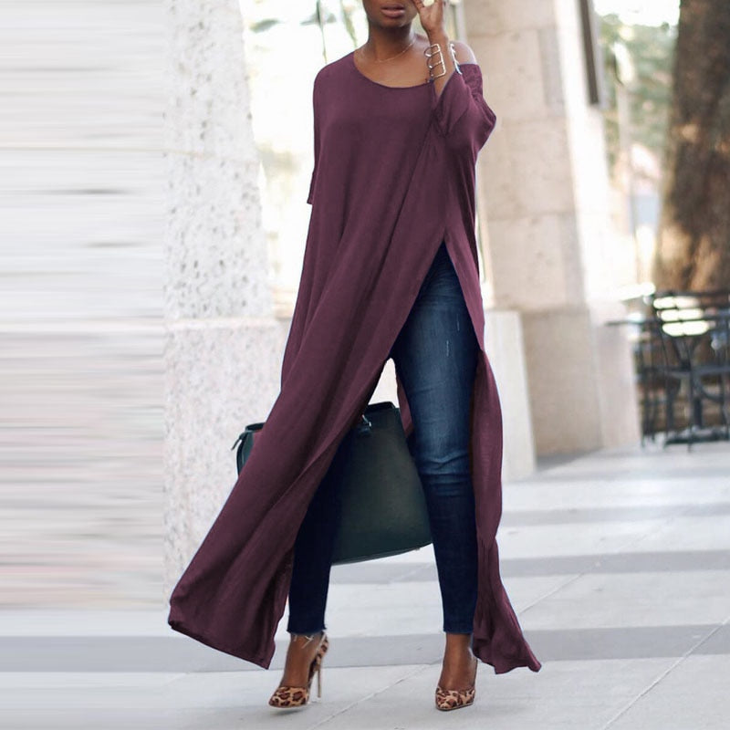 2021 ZANZEA Autumn Women Casual Solid Off Shoulder 3/4 Sleeve High Split Party Long Shirt Vestido Blusas Blouse Tops