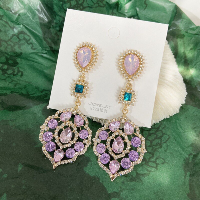 MENGJIQIAO New Vintage Elegant Waterdrop Crystal Oval Flower Dangle Earrings For Women Girls Luxury Rhinestone Jewelry Brinco