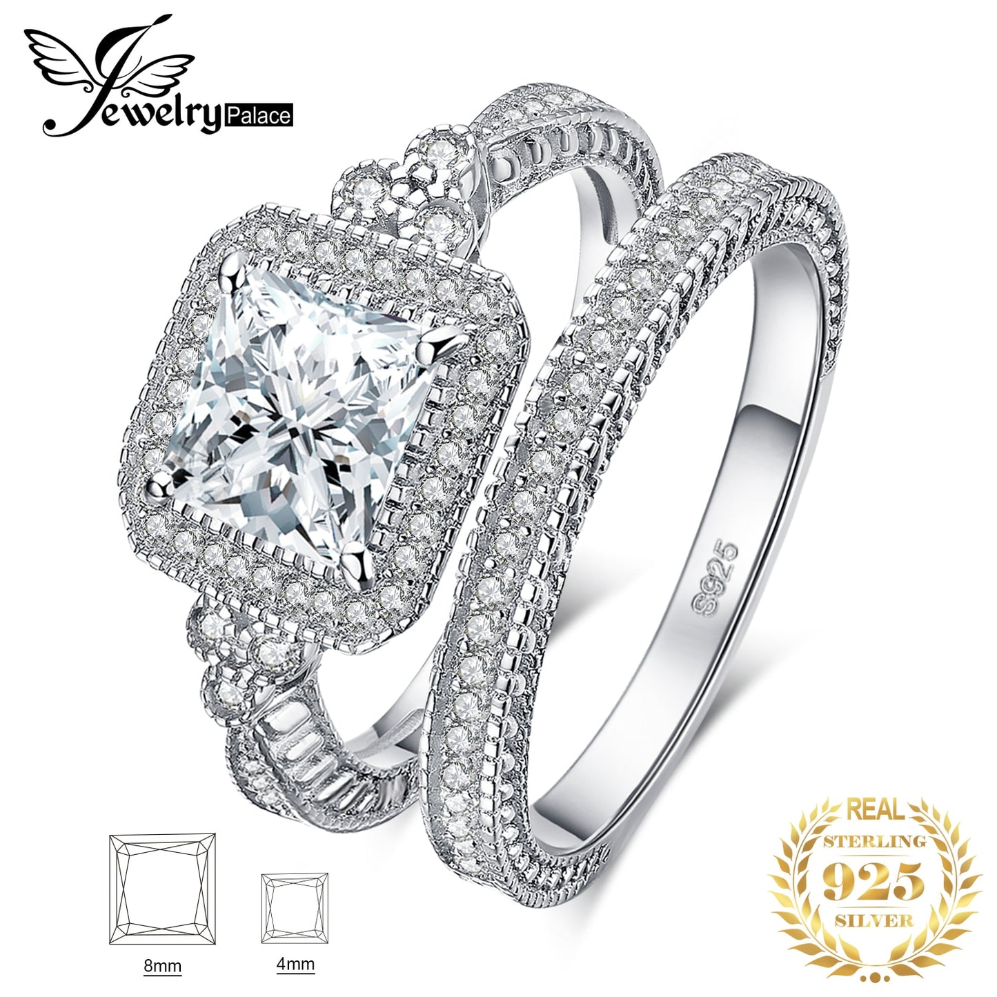 JewelryPalace Vintage Wedding Band Engagement Ring Set Cubic Zirconia Sumulated Diamond Princess 925 Sterling Silver Ring Women