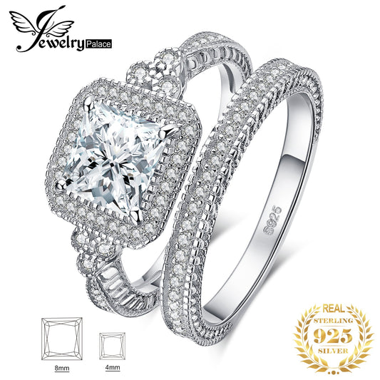 JewelryPalace Vintage Wedding Band Engagement Ring Set Cubic Zirconia Sumulated Diamond Princess 925 Sterling Silver Ring Women