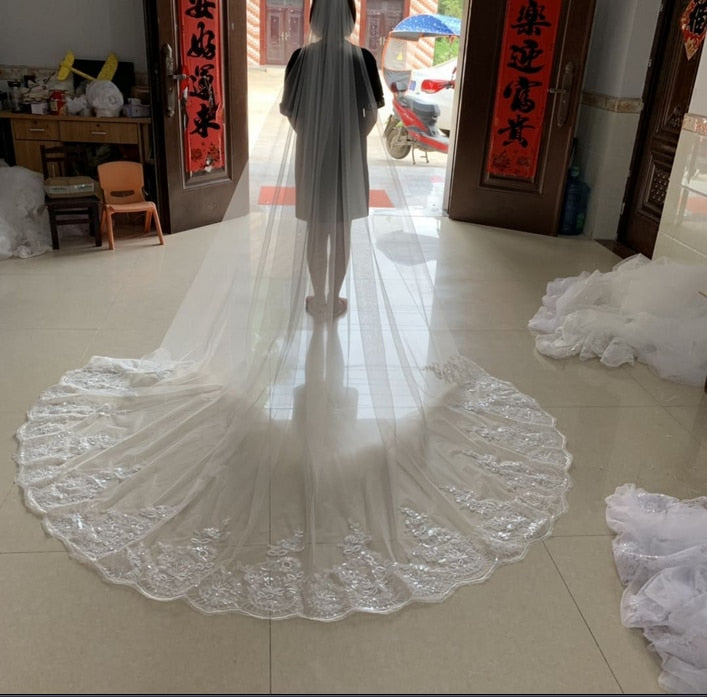 wedding veil White Ivory Cathedral Wedding Veils Long Lace Edge Bridal Veil with Comb Wedding Accessories Bride Veu